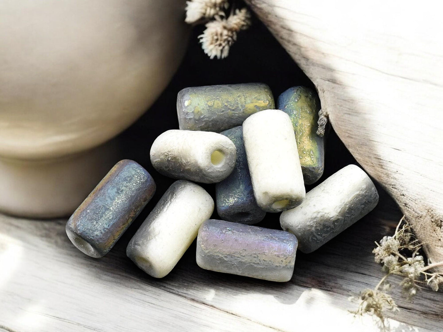 *10* 14x7mm Etched Bone White AB Large Hole Tube Beads