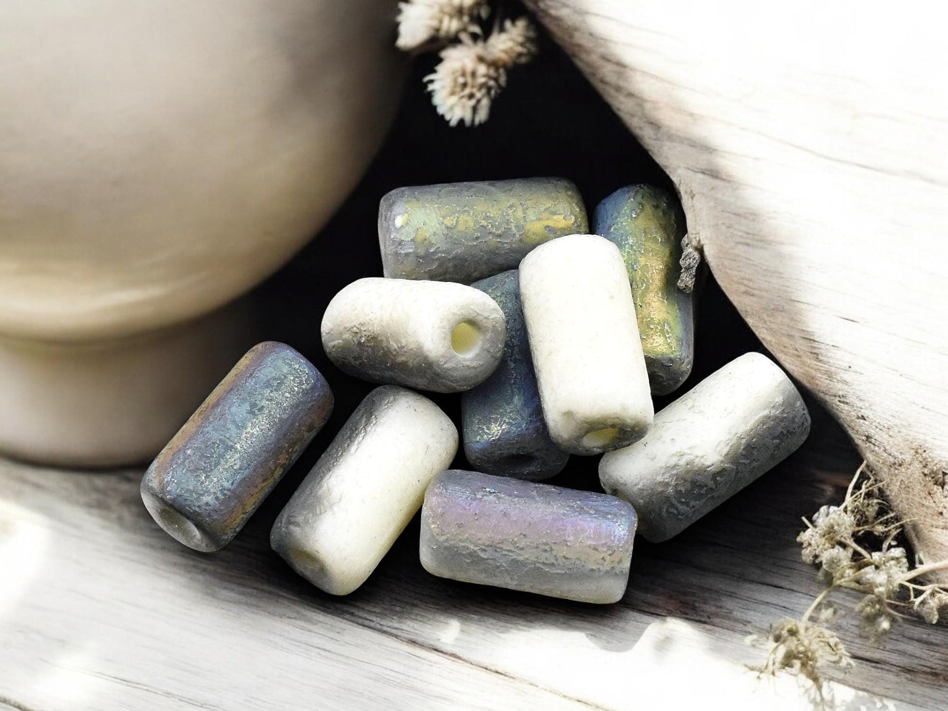 *10* 14x7mm Etched Bone White AB Large Hole Tube Beads