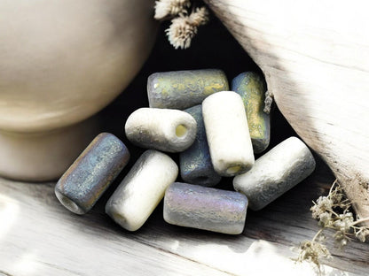 *10* 14x7mm Etched Bone White AB Large Hole Tube Beads