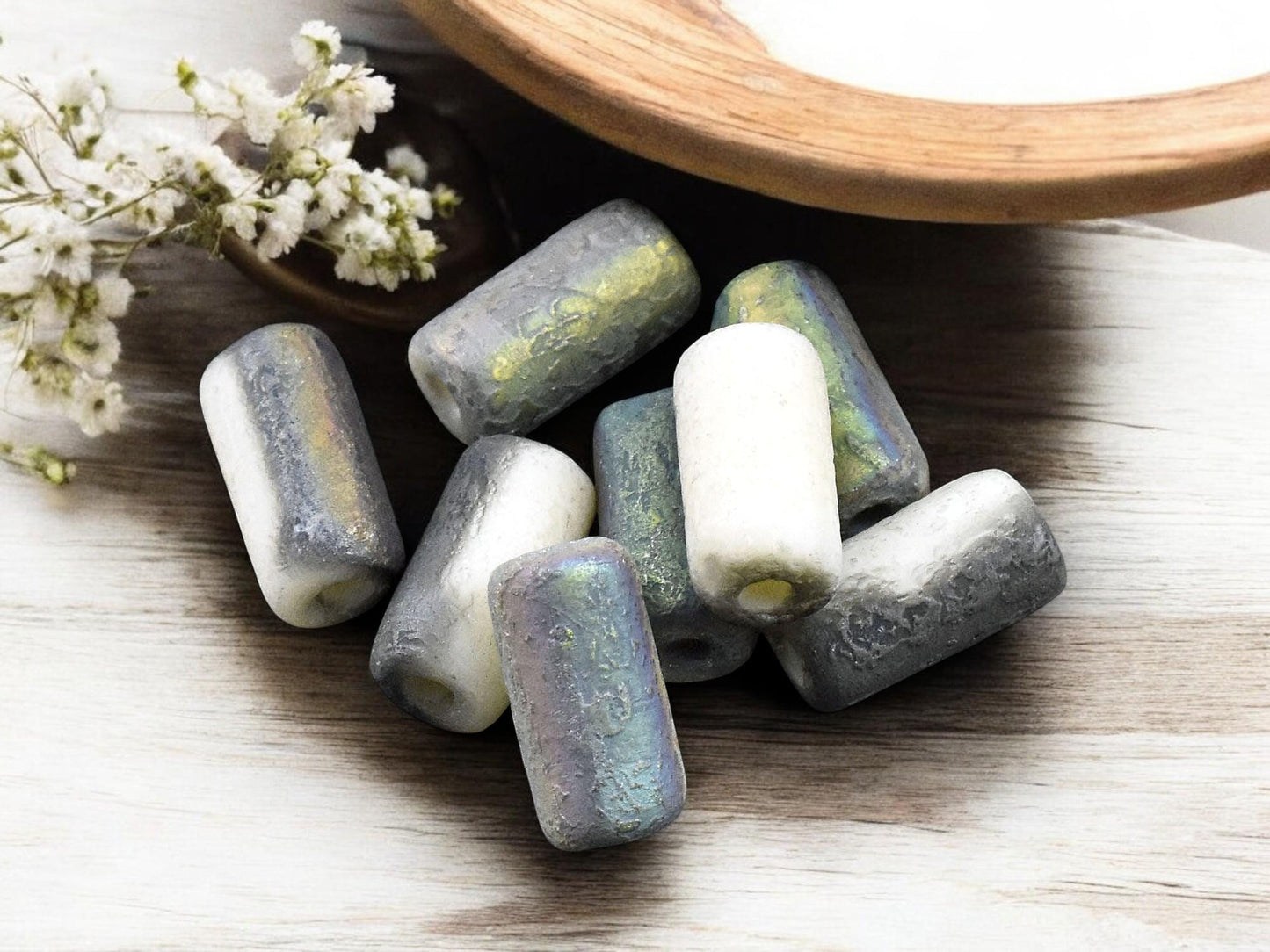 *10* 14x7mm Etched Bone White AB Large Hole Tube Beads