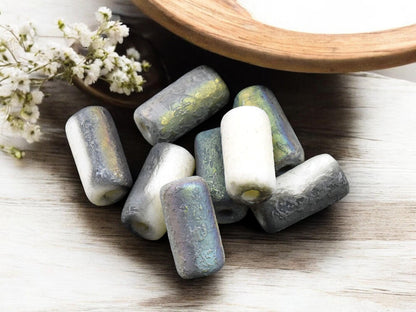 *10* 14x7mm Etched Bone White AB Large Hole Tube Beads