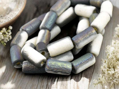 *10* 14x7mm Etched Bone White AB Large Hole Tube Beads