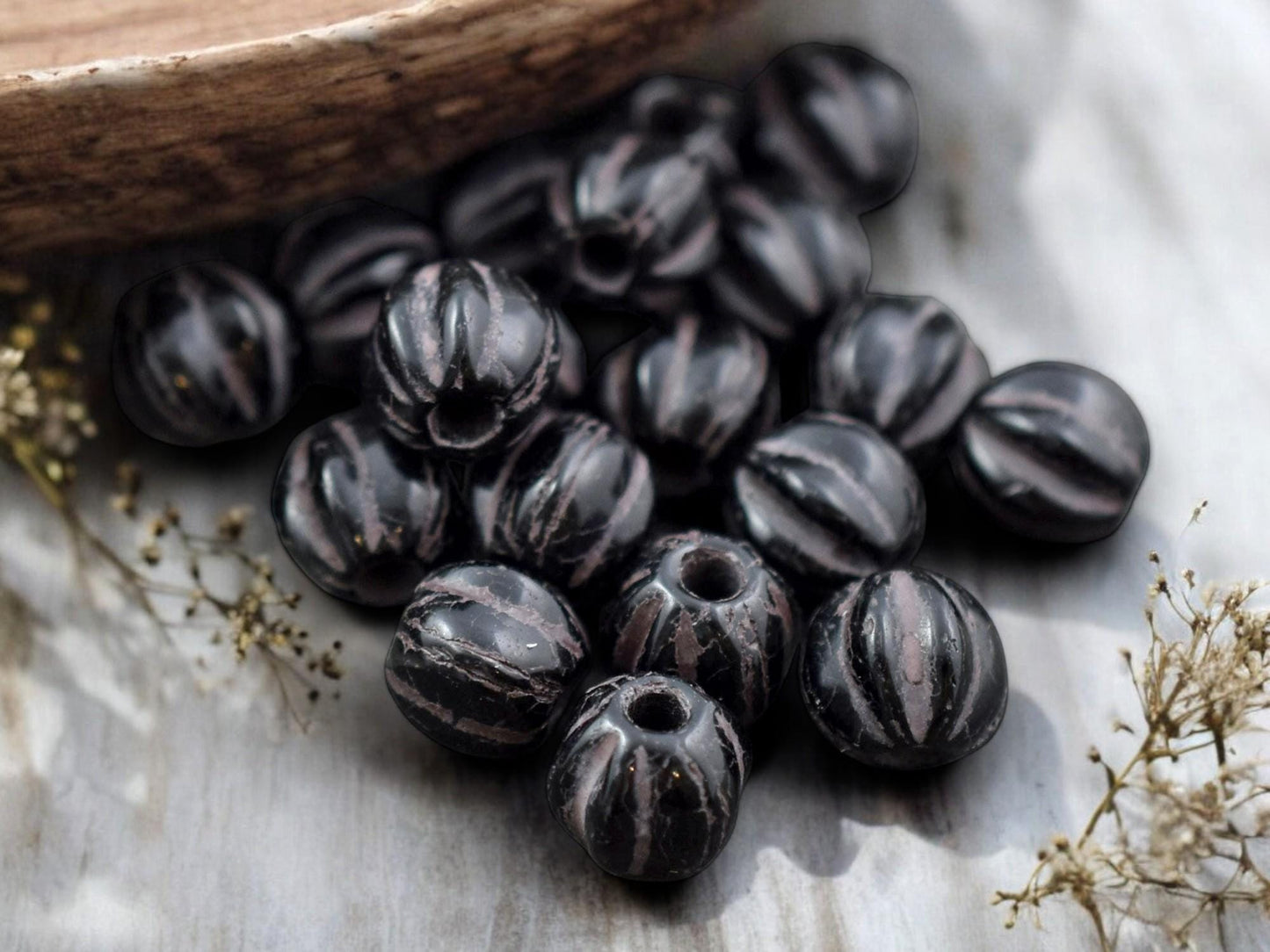 *25* 6mm Brown Washed Jet Black Large Hole Melon Beads