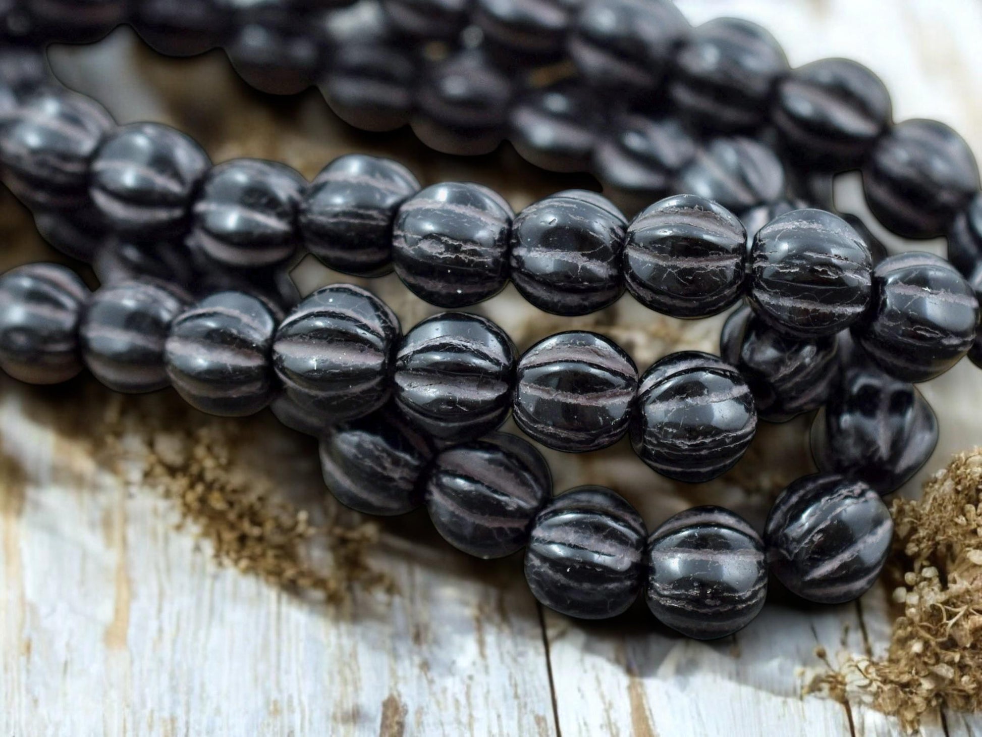 *25* 6mm Brown Washed Jet Black Large Hole Melon Beads