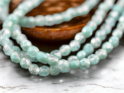 *50* 4mm Silver Mercury Washed Mint Green Fire Polished Round Beads