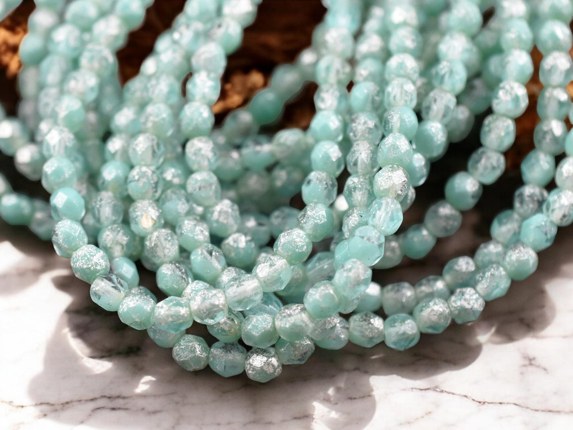 *50* 4mm Silver Mercury Washed Mint Green Fire Polished Round Beads