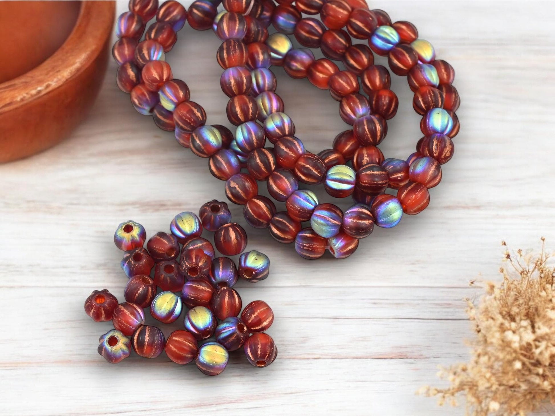 Czech Glass Beads - Picasso Beads - Large Hole Melon Beads - 6mm Beads - Melon Beads - Round Beads - 25pcs - (251)