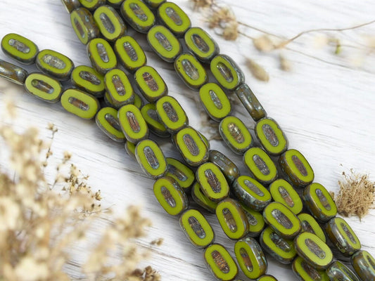 Czech Glass Chartreuse Picasso Table Cut Oval Beads - 11x7mm - 12pcs (2305)