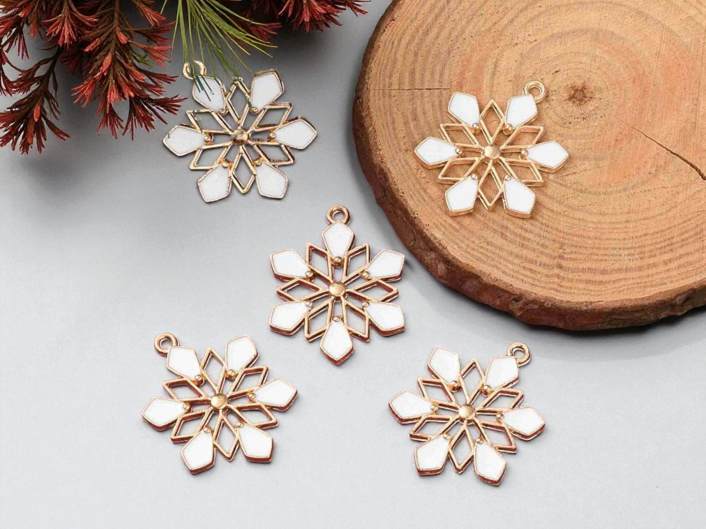 Snowflake Charms - Metal Charms - Christmas Charms - Enamel Charms - 5pcs - 29x22mm - (B461)