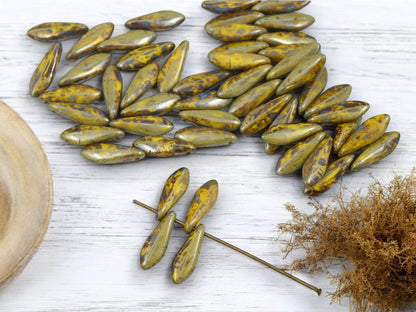 Czech Glass Beads - Dagger Beads - 5x16mm Dagger - Picasso Beads - 25pcs - (1913)