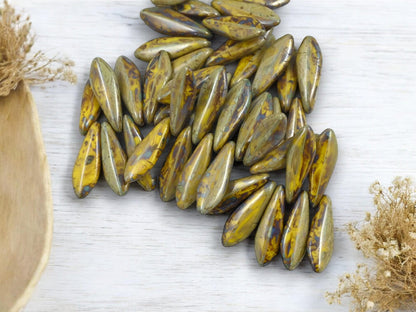 Czech Glass Beads - Dagger Beads - 5x16mm Dagger - Picasso Beads - 25pcs - (1913)