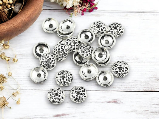 Antique Silver Hammered 9mm Metal Bead Caps - 100pcs - (4188)