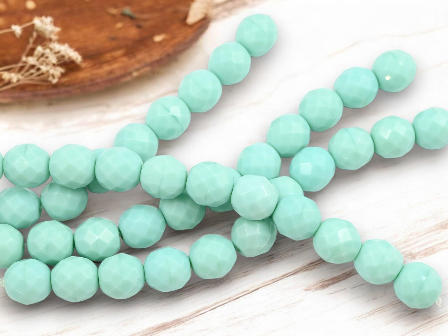 Czech Glass Faceted Fire Polished Round Beads - Mint Green - 12mm - 12pcs - (1367)