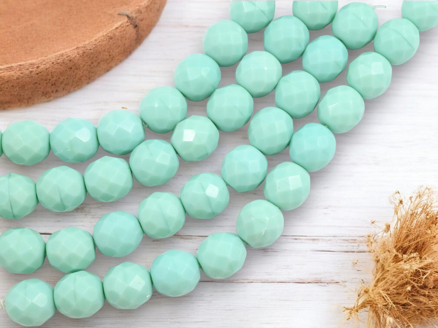 Czech Glass Faceted Fire Polished Round Beads - Mint Green - 12mm - 12pcs - (1367)