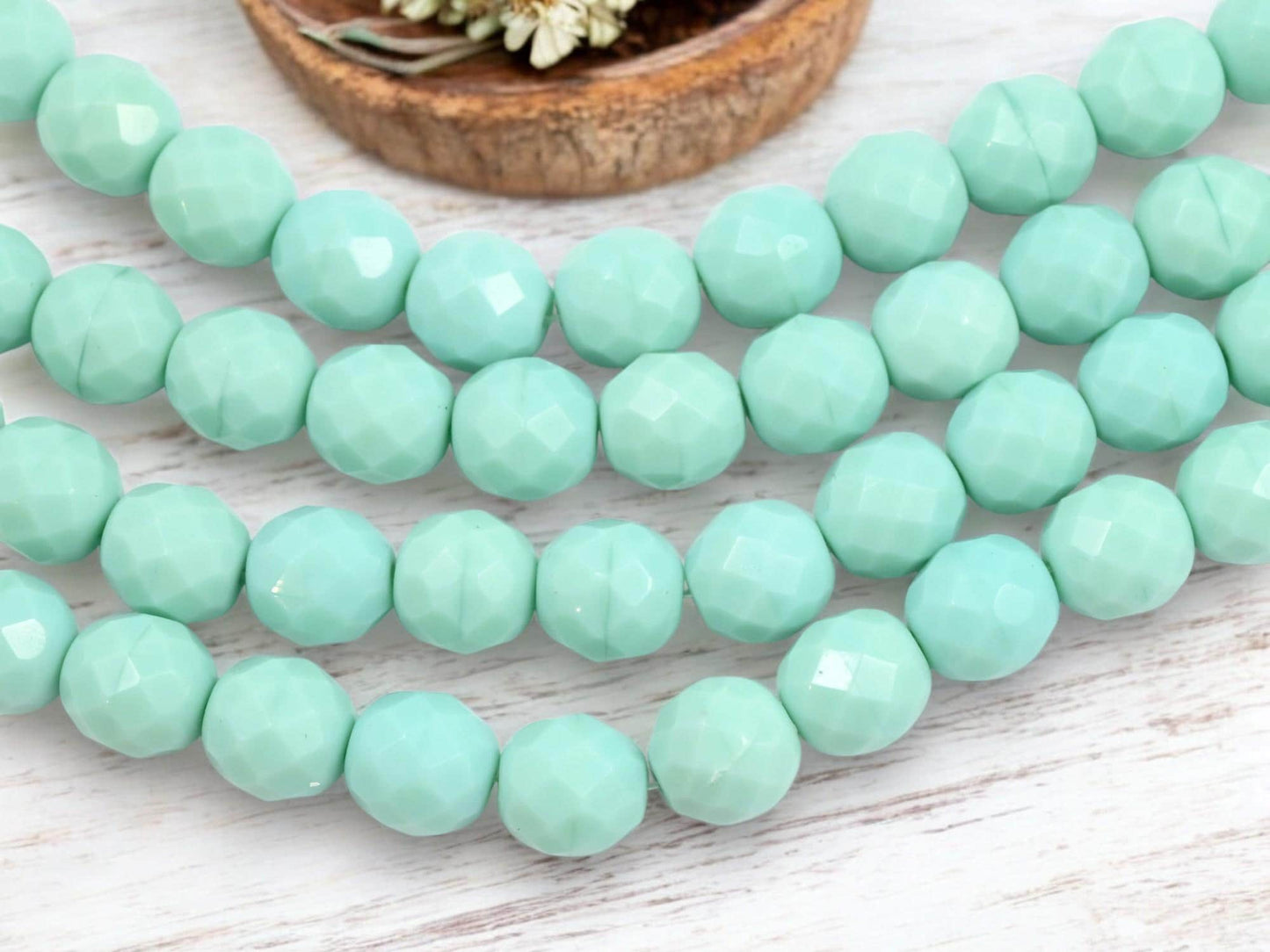 Czech Glass Faceted Fire Polished Round Beads - Mint Green - 12mm - 12pcs - (1367)
