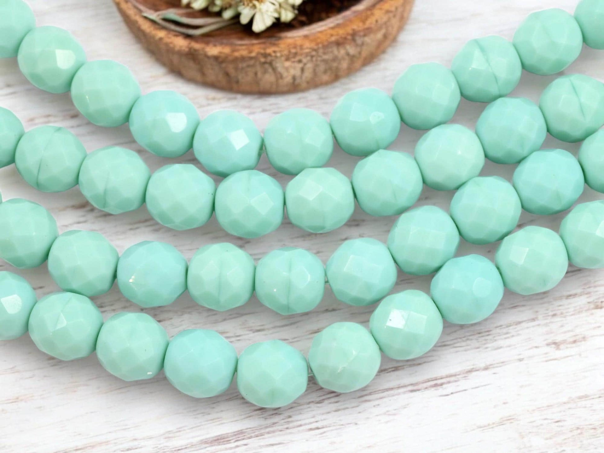 Czech Glass Faceted Fire Polished Round Beads - Mint Green - 12mm - 12pcs - (1367)