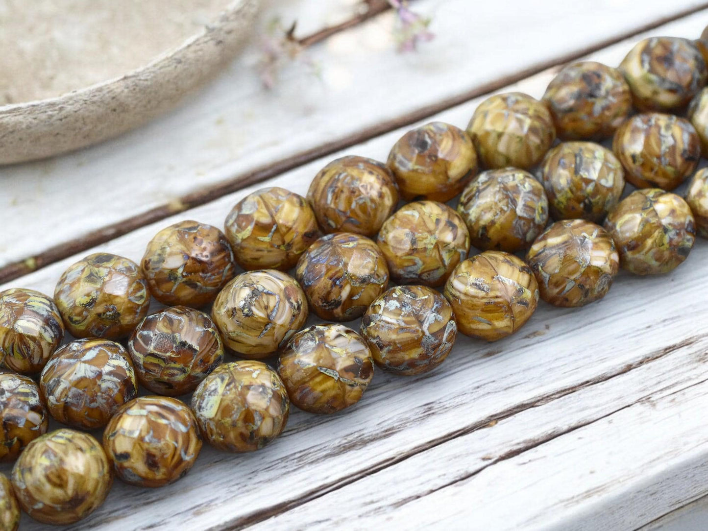 12mm Camel Beige Travertine Fire Polished Round Beads