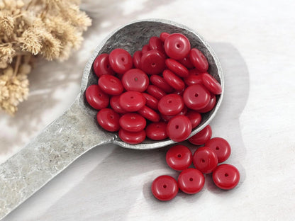Czech Glass Opaque Red Smooth Rondelle Spacer Beads - 8x3mm - 50pcs - (A679)