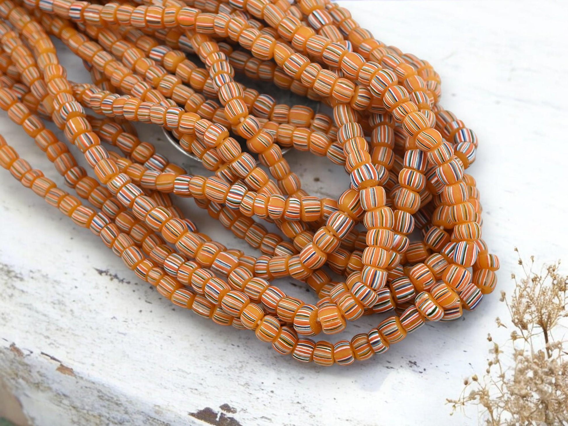 Indonesian Java Glass Trade Beads - Striped Gooseberry - 4-7mm - 24" Strand - (B32)
