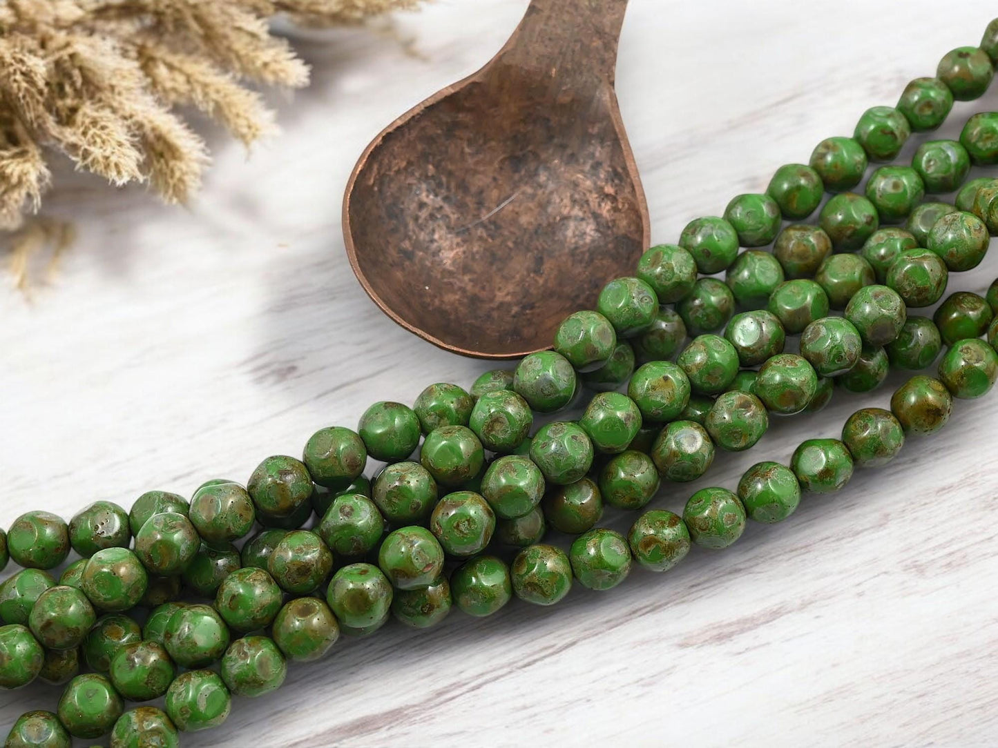 *10* 8mm Rustic Green Picasso Dented Round Beads