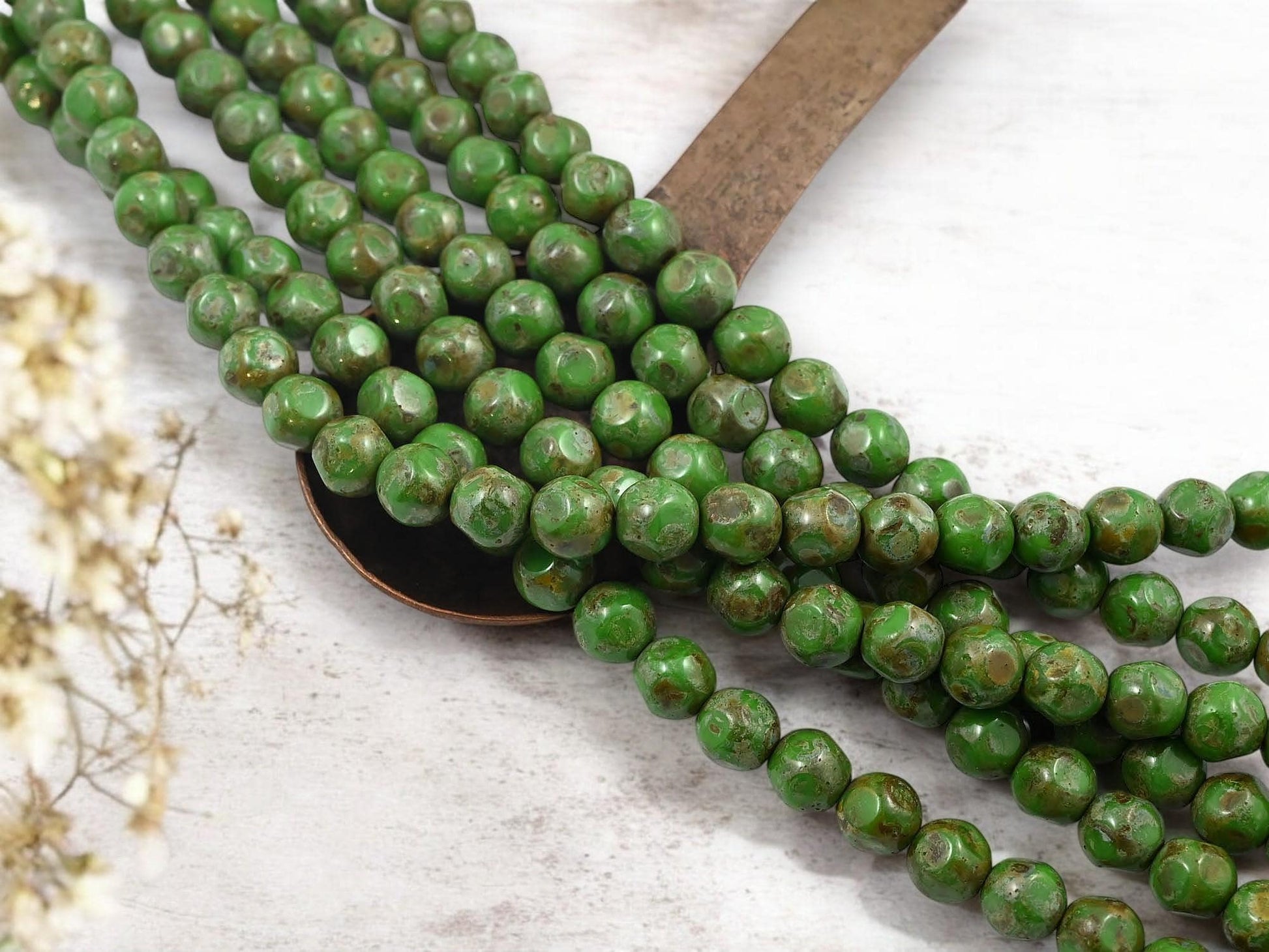 *10* 8mm Rustic Green Picasso Dented Round Beads