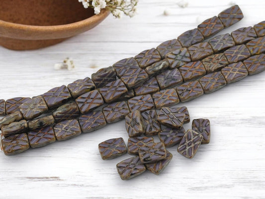 Old Stock Vintage Czech Glass Table Cut Purple Travertine Rectangle Beads - 12x9mm - 12pcs - (2291)