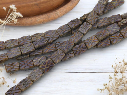 Old Stock Vintage Czech Glass Table Cut Purple Travertine Rectangle Beads - 12x9mm - 12pcs - (2291)