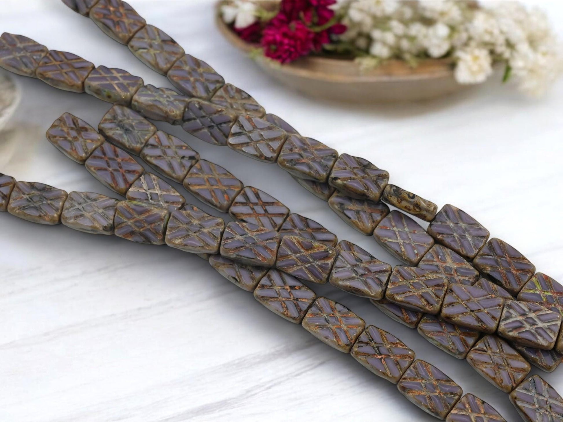 Old Stock Vintage Czech Glass Table Cut Purple Travertine Rectangle Beads - 12x9mm - 12pcs - (2291)