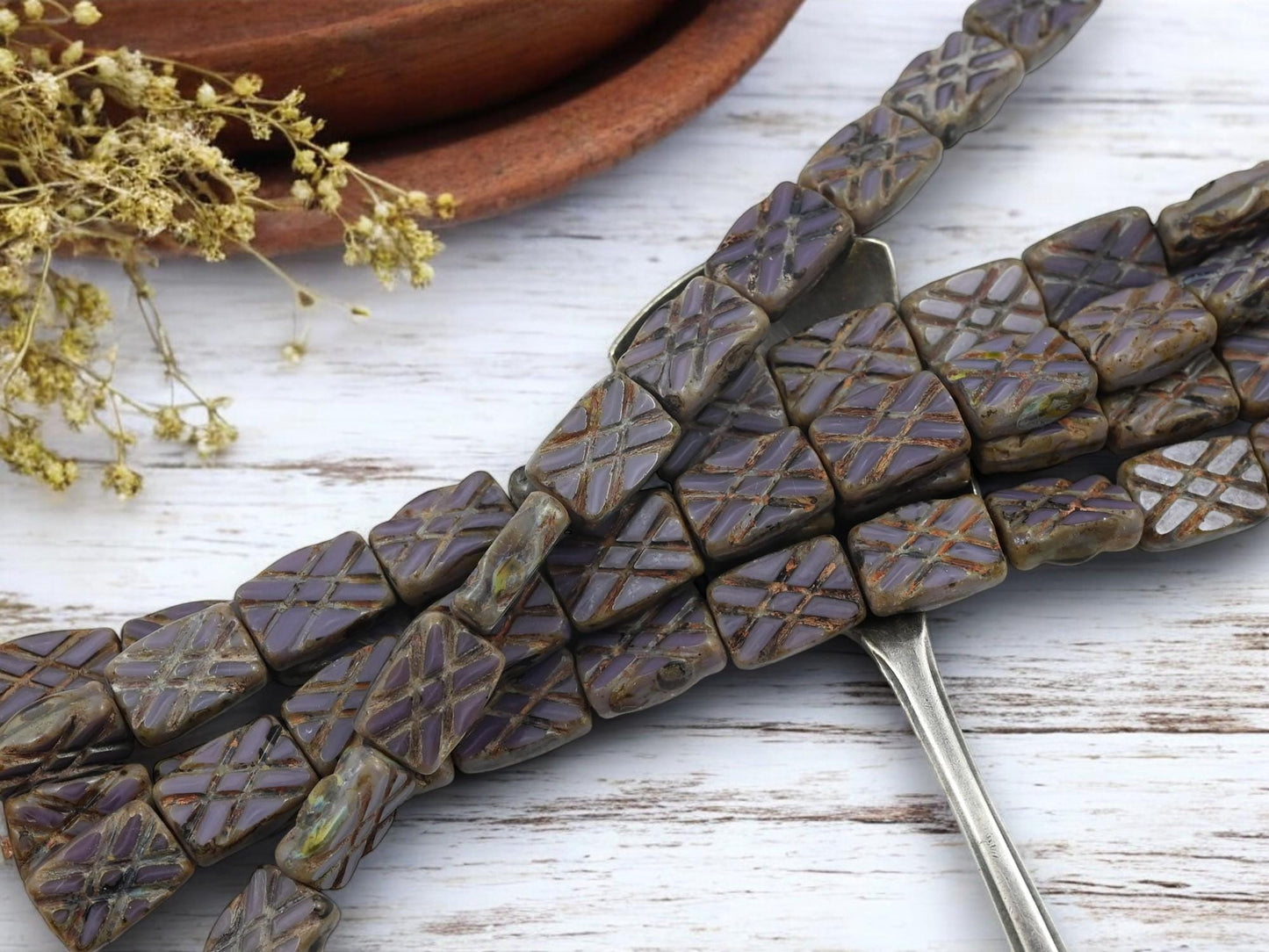 Old Stock Vintage Czech Glass Table Cut Purple Travertine Rectangle Beads - 12x9mm - 12pcs - (2291)