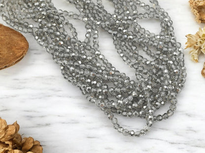 4mm Silver Crystal Shadow Faceted Round Electroplated Chinese Glass Beads - 13.5" Strand - (B545)