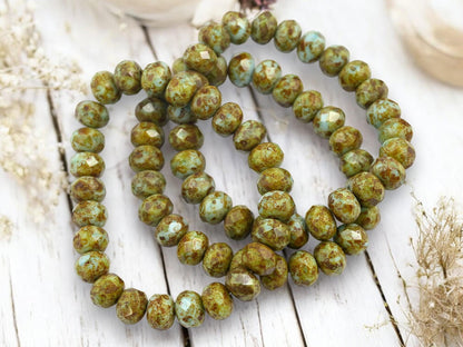 Czech Glass Faceted Rondelle Beads - Robins Egg Picasso - 6x9mm - 25pcs - (A442)