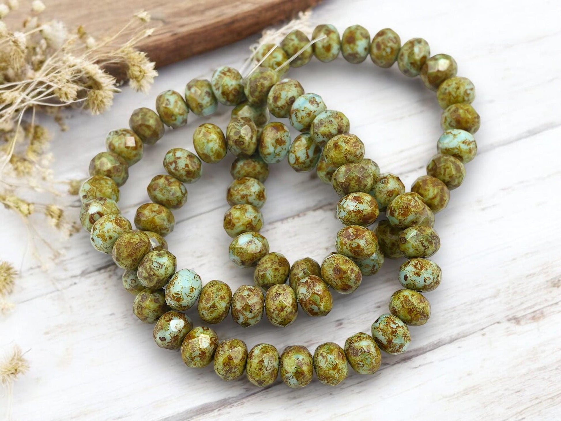Czech Glass Faceted Rondelle Beads - Robins Egg Picasso - 6x9mm - 25pcs - (A442)