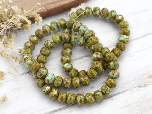 Czech Glass Faceted Rondelle Beads - Robins Egg Picasso - 6x9mm - 25pcs - (A442)