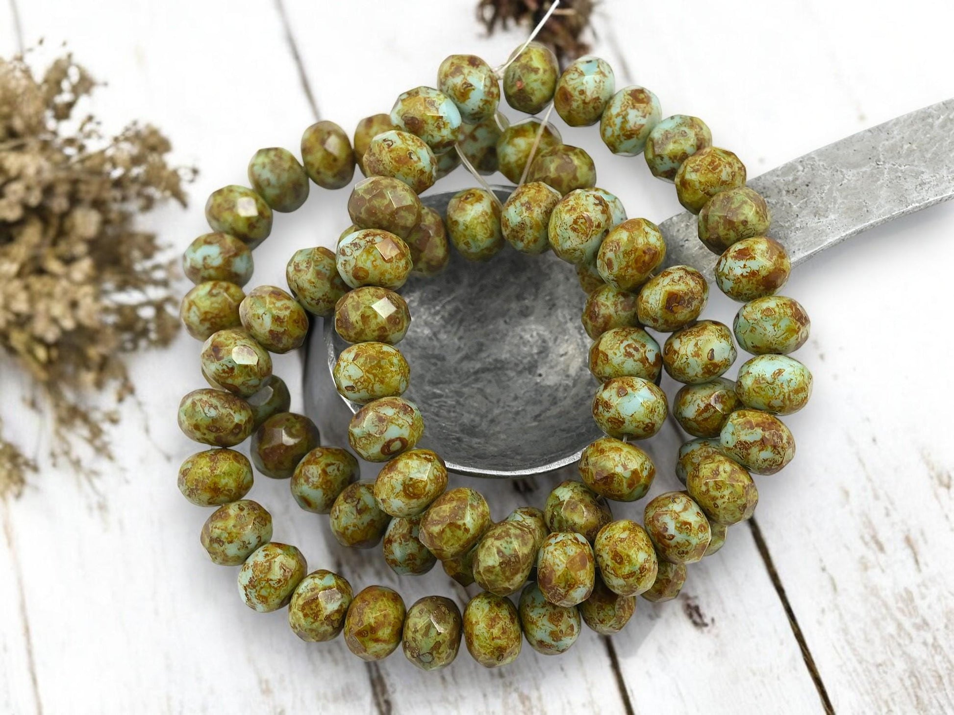 Czech Glass Faceted Rondelle Beads - Robins Egg Picasso - 6x9mm - 25pcs - (A442)