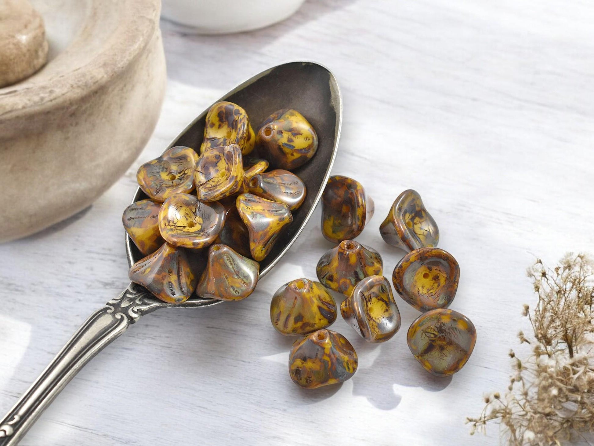 *25* 10x12mm Opaque Yellow Travertine 3 Petal Bell Flower Beads