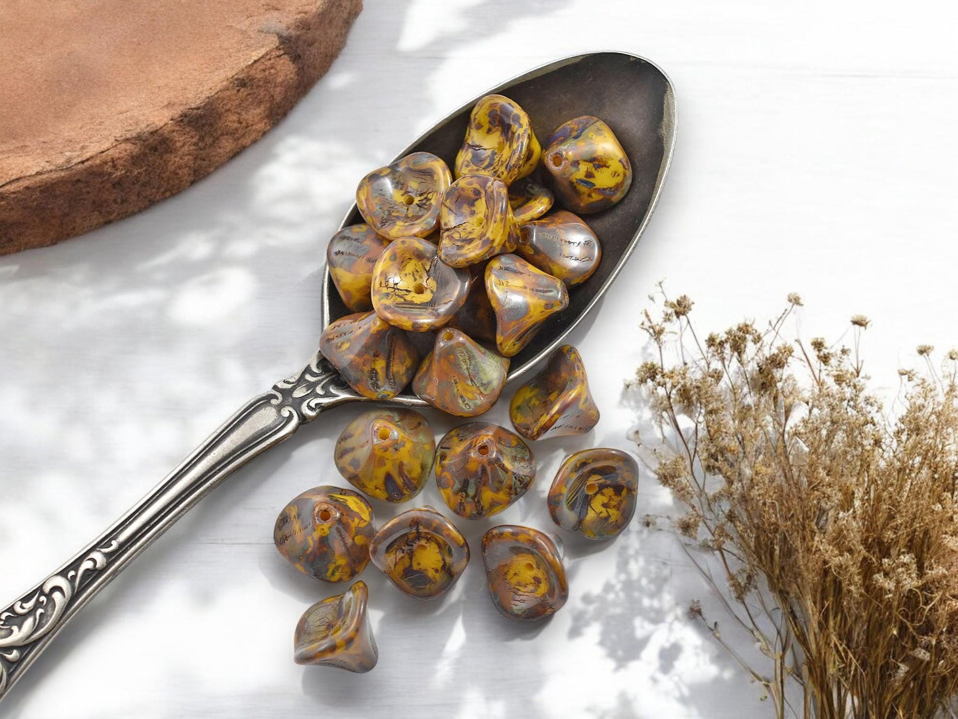 *25* 10x12mm Opaque Yellow Travertine 3 Petal Bell Flower Beads