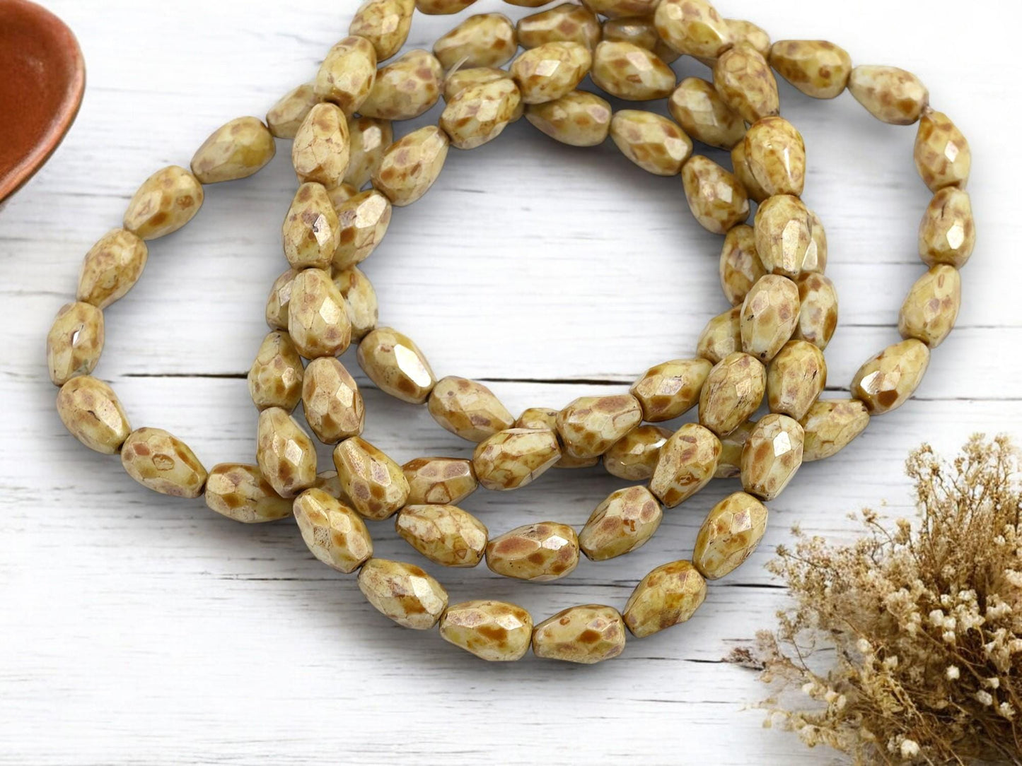 Czech Glass Faceted Fire Polished Tear Drop Beads - Beige Picasso Luster - 6x10mm - 20pcs - (2884)