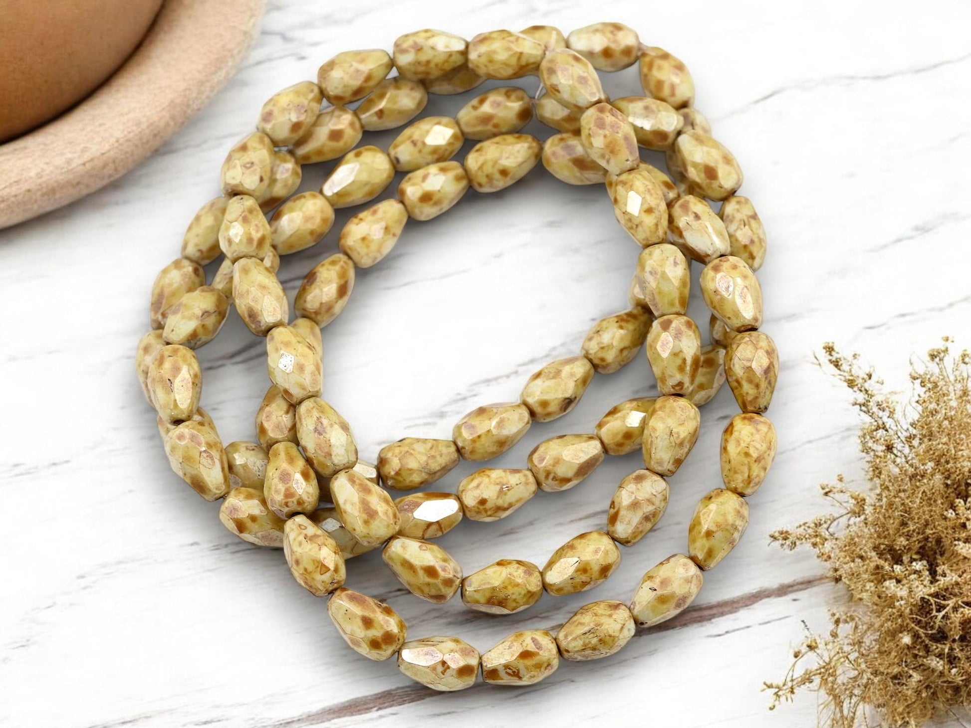 Czech Glass Faceted Fire Polished Tear Drop Beads - Beige Picasso Luster - 6x10mm - 20pcs - (2884)