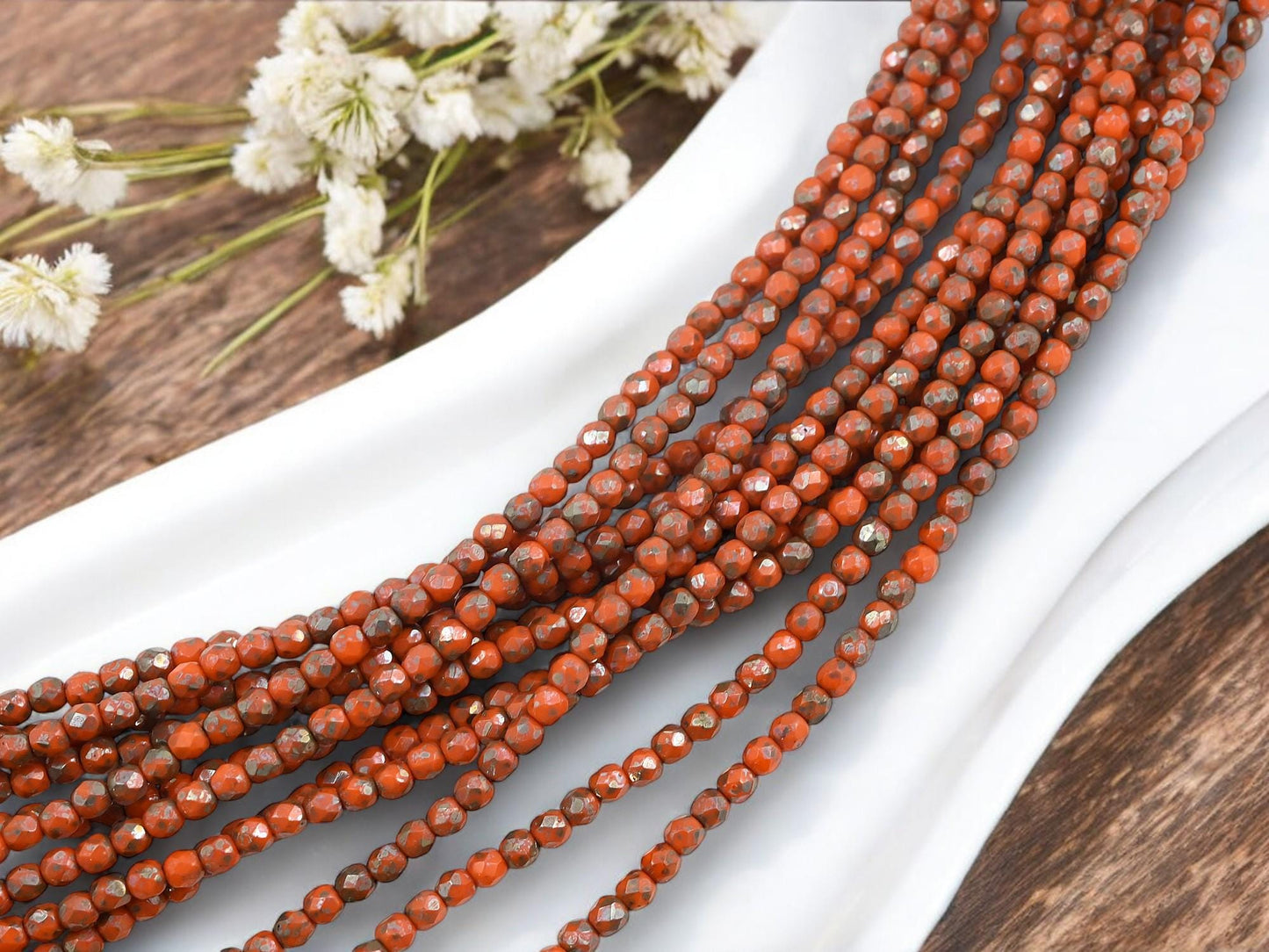 Czech Glass 3mm Faceted Fire Polished Round Beads - Orange Silver Travertine - 50pcs - (4175)