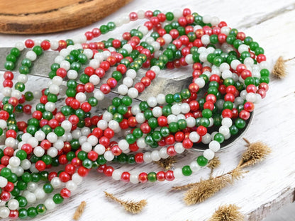 4mm Christmas Red White Green Round Electroplated Chinese Glass Beads - 15" Strand - (1764)