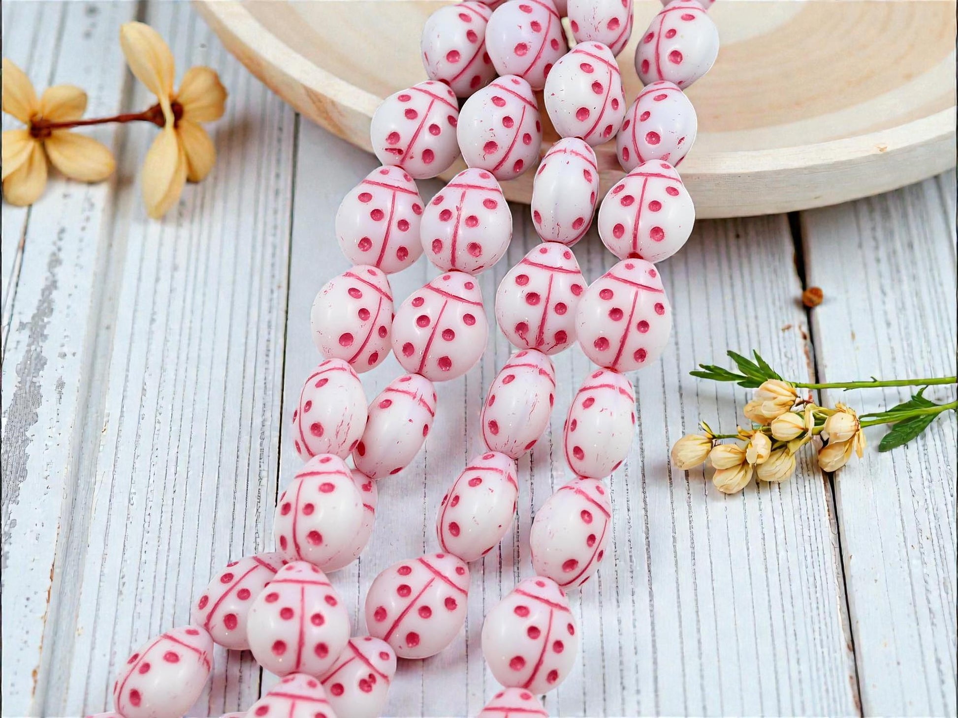 Czech Glass Lady Bug Beads - Pink Washed White - 11x13mm - 15pcs - (4854)