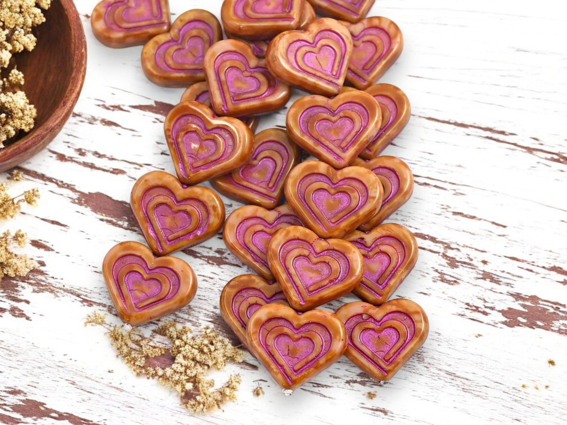 Heart Beads - Czech Glass Beads - Pink Heart Bead - Picasso Beads - 14x16mm - 6pcs - (1576)