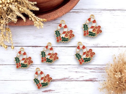 Candy Cane Charms - Metal Charms - Christmas Charms - Holiday Charms - Enamel Charms - 5pcs - 21x18mm - (1972)