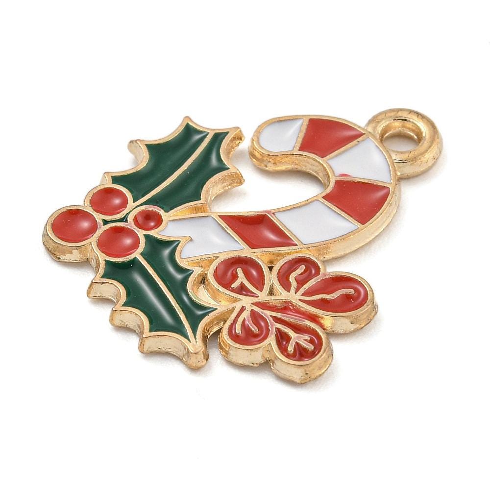 Candy Cane Charms - Metal Charms - Christmas Charms - Holiday Charms - Enamel Charms - 5pcs - 21x18mm - (1972)
