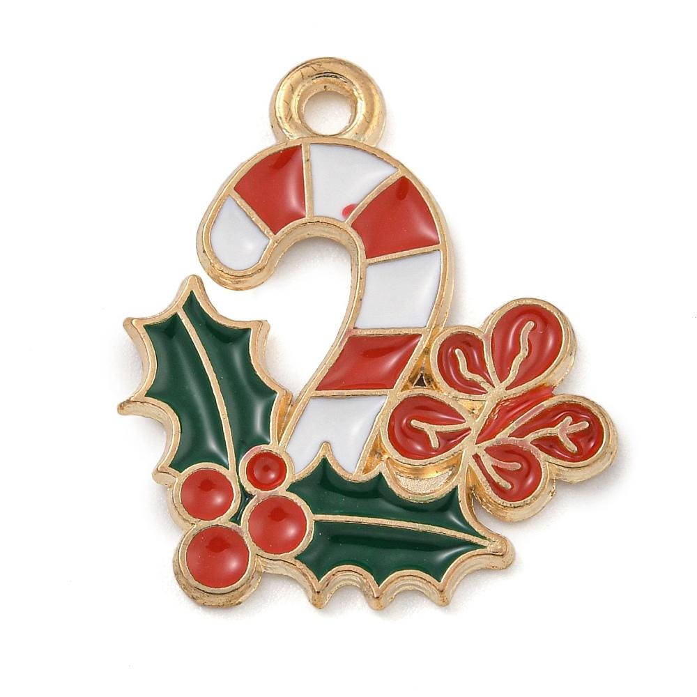 Candy Cane Charms - Metal Charms - Christmas Charms - Holiday Charms - Enamel Charms - 5pcs - 21x18mm - (1972)