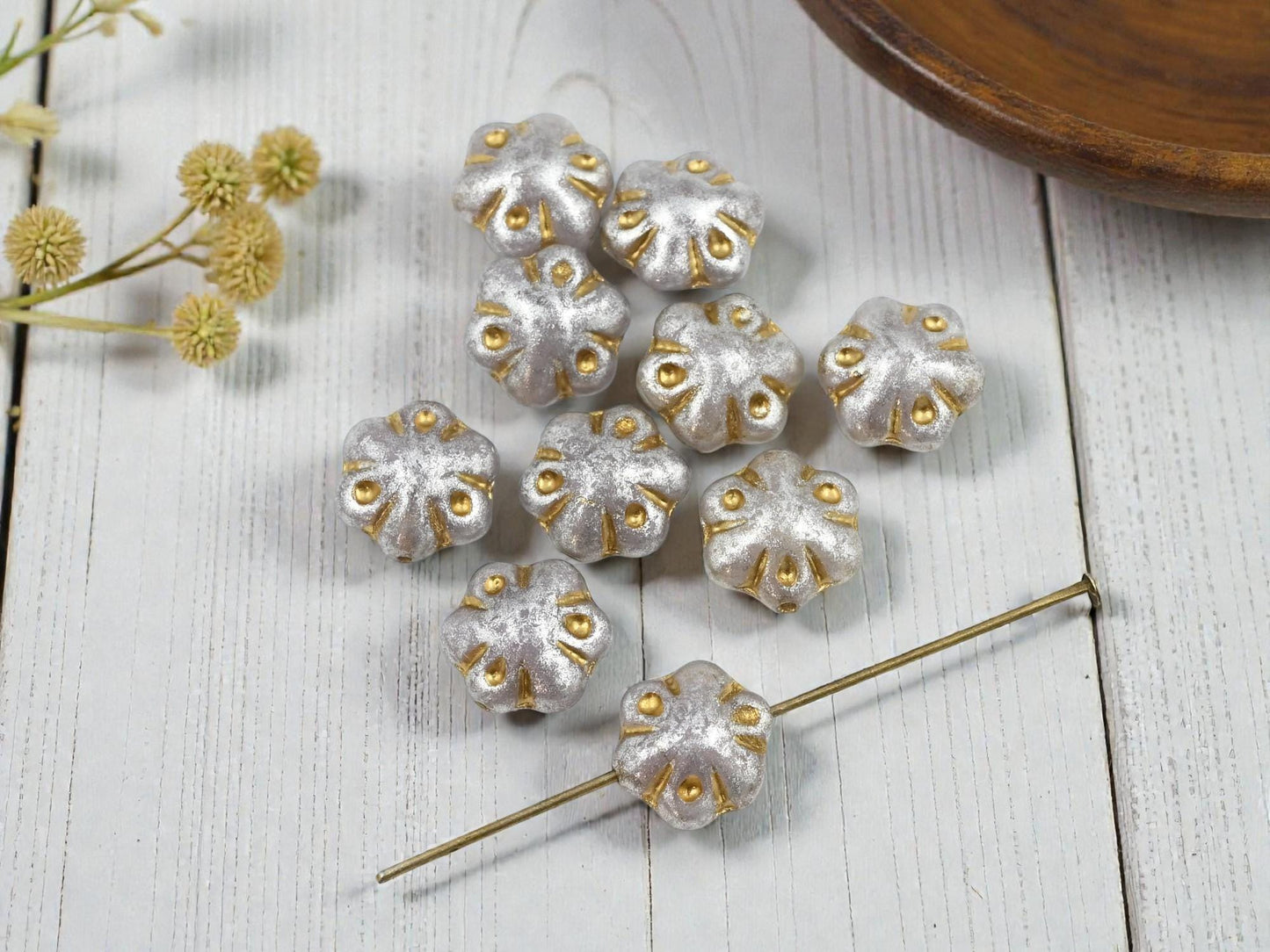 Silver Beads - Flower Beads - Czech Glass Beads - Picasso Beads - 11mm - 10pcs - (1868)