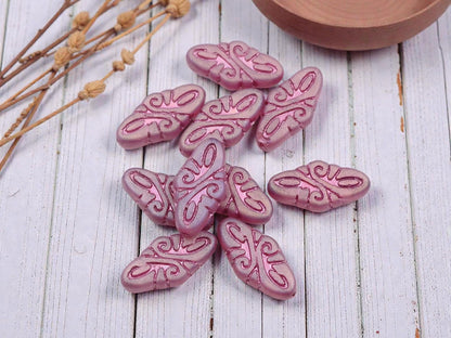 Czech Glass Beads - Matte Pink Washed Crystal - Arabesque Design - 19x9mm - 10pcs - (462)