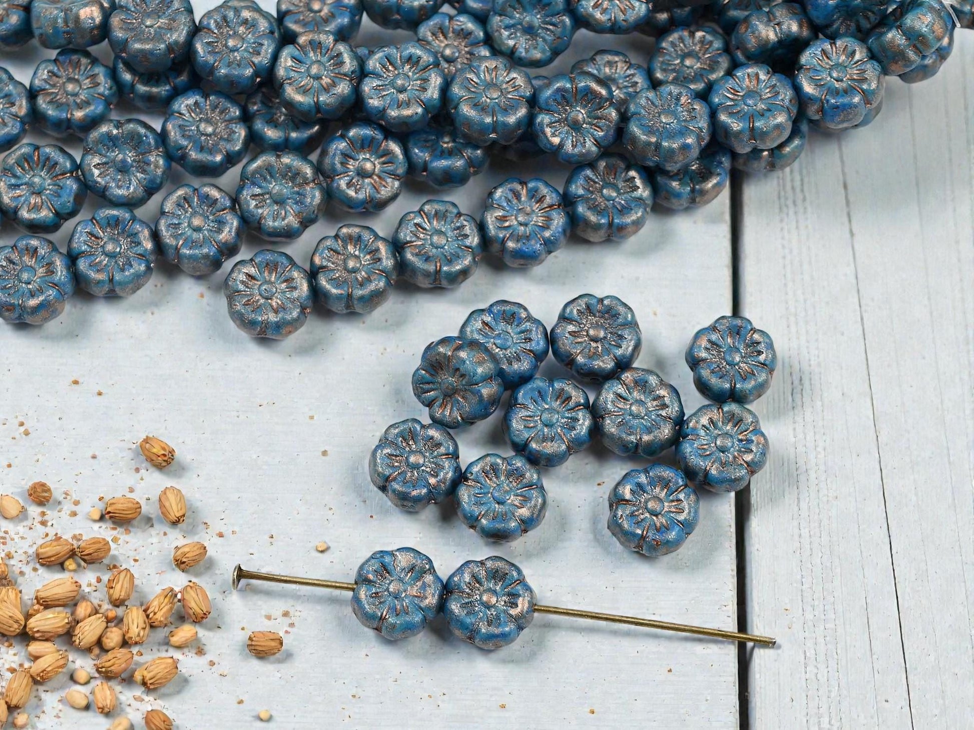 Czech Glass Beads - Flower Beads - Hawaiian Hibiscus Flower Beads - Picasso Beads - 8mm - 12pcs - (565)
