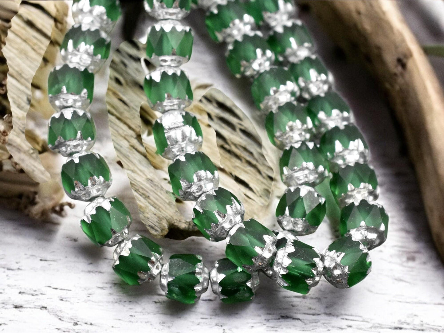 *20* 6mm Silver Washed Emerald Fire Polished Cathedral Beads