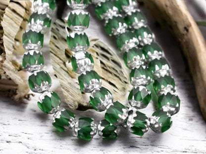 *20* 6mm Silver Washed Emerald Fire Polished Cathedral Beads
